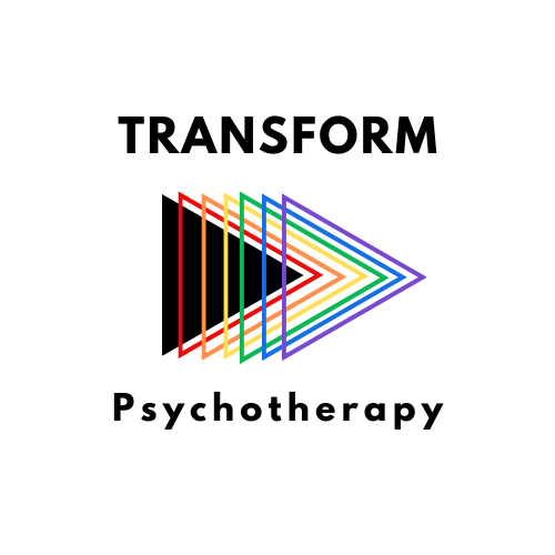 Logo for LGBTQIA+ Therapy Practice: Transform Psychotherapy. Rainbow triangles overlapping. 